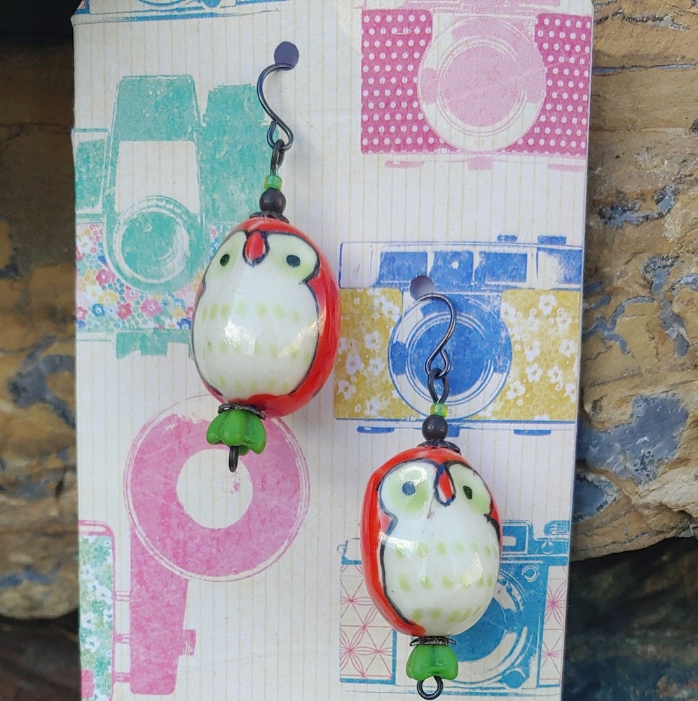 Handmade Owl Ceramic Dark Brass & Glass Earrings